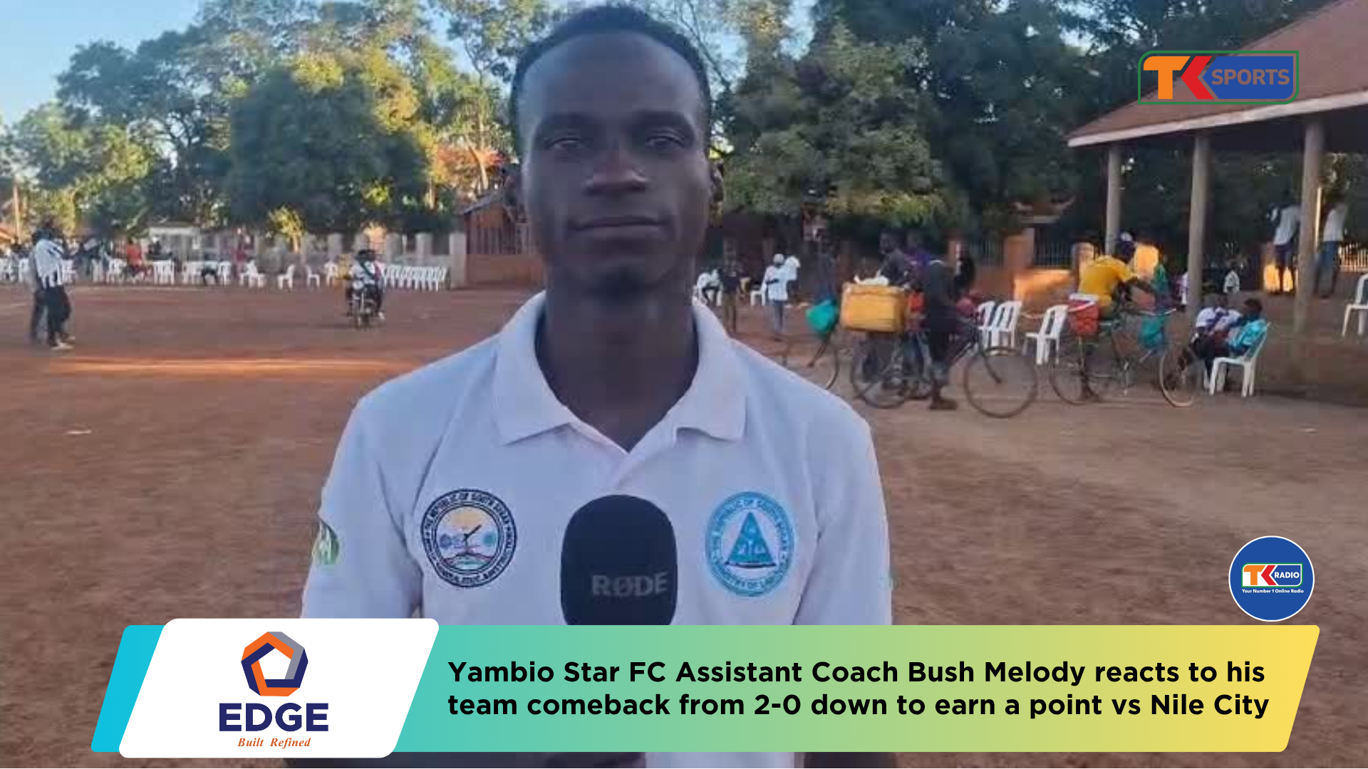 Yambio Star FC Assistant Coach Bush Melody reacts to his team comeback from 2-0 down to earn a point vs Nile City FC