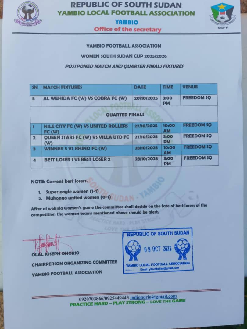 Yambio Football Association Releases Women's South Sudan Cup Fixtures
